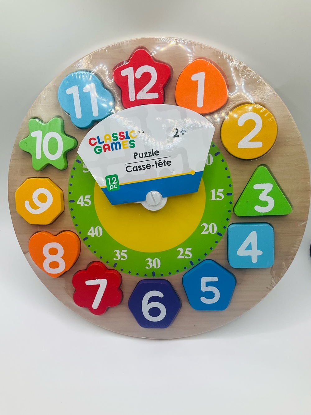 NEW Classic Games Kids Wooden Number Clock Puzzle - Numbers Time Shapes